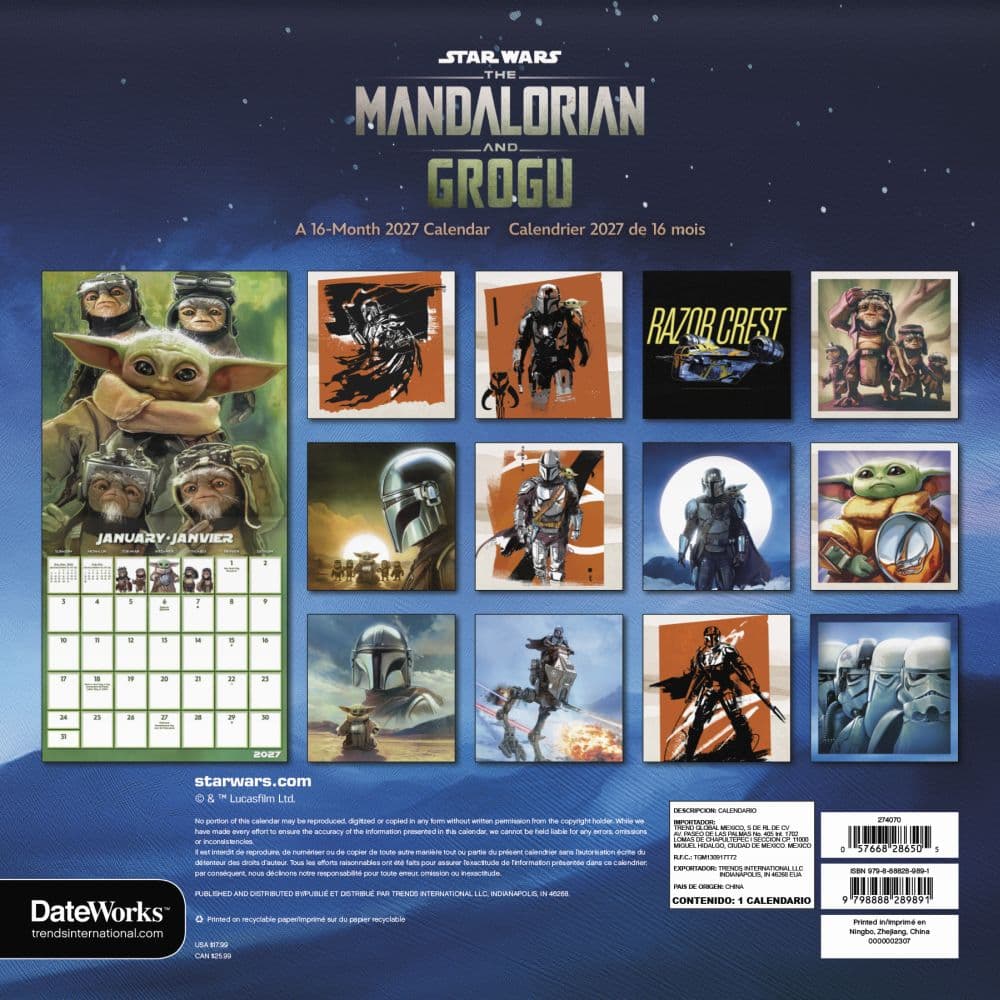 Star Wars The Mandalorian and Grogu Bilingual French 2027 Wall Calendar First Alternate Image