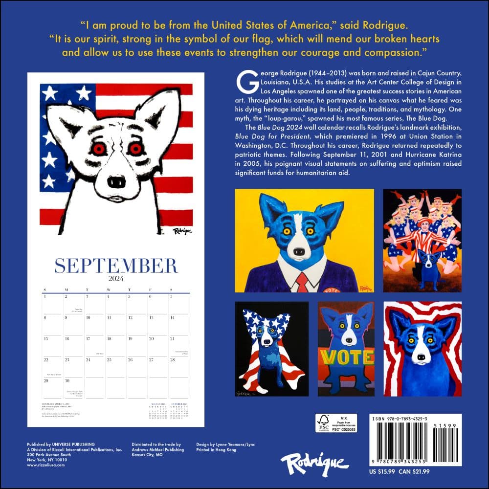 Blue Dog Rodrigue 2024 Wall Calendar back