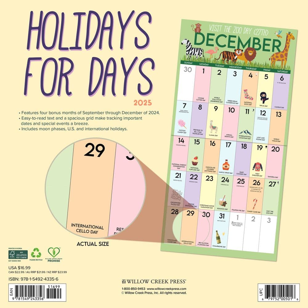 Holidays for Days 2025 Wall Calendar