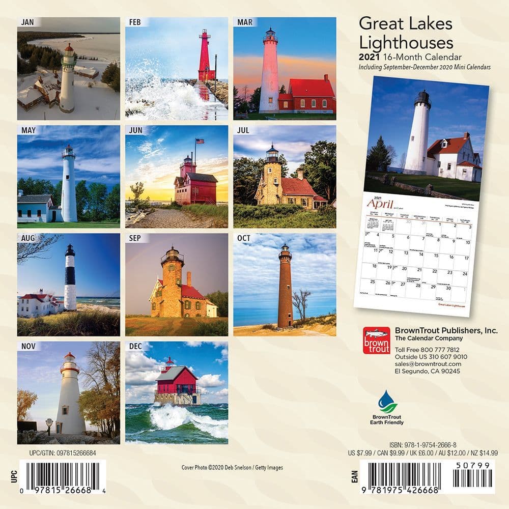 Lighthouses Great Lakes Mini Wall Calendar