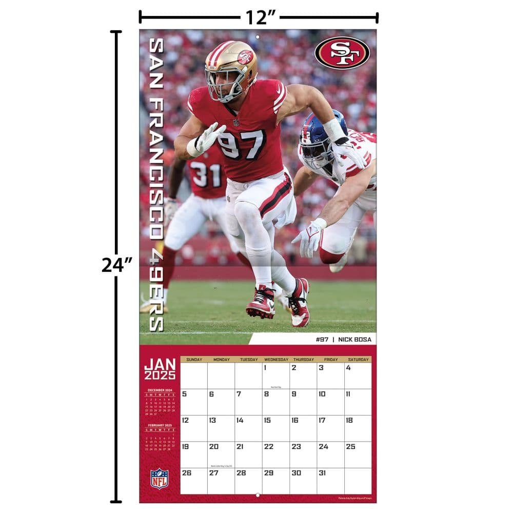 NFL San Francisco 49ers 2025 Wall Calendar size comparison