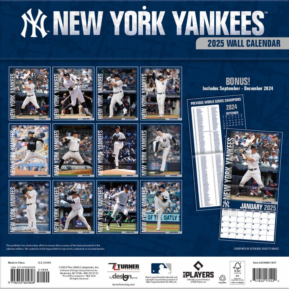 MLB New York Yankees 2025 Wall Calendar back of calendar