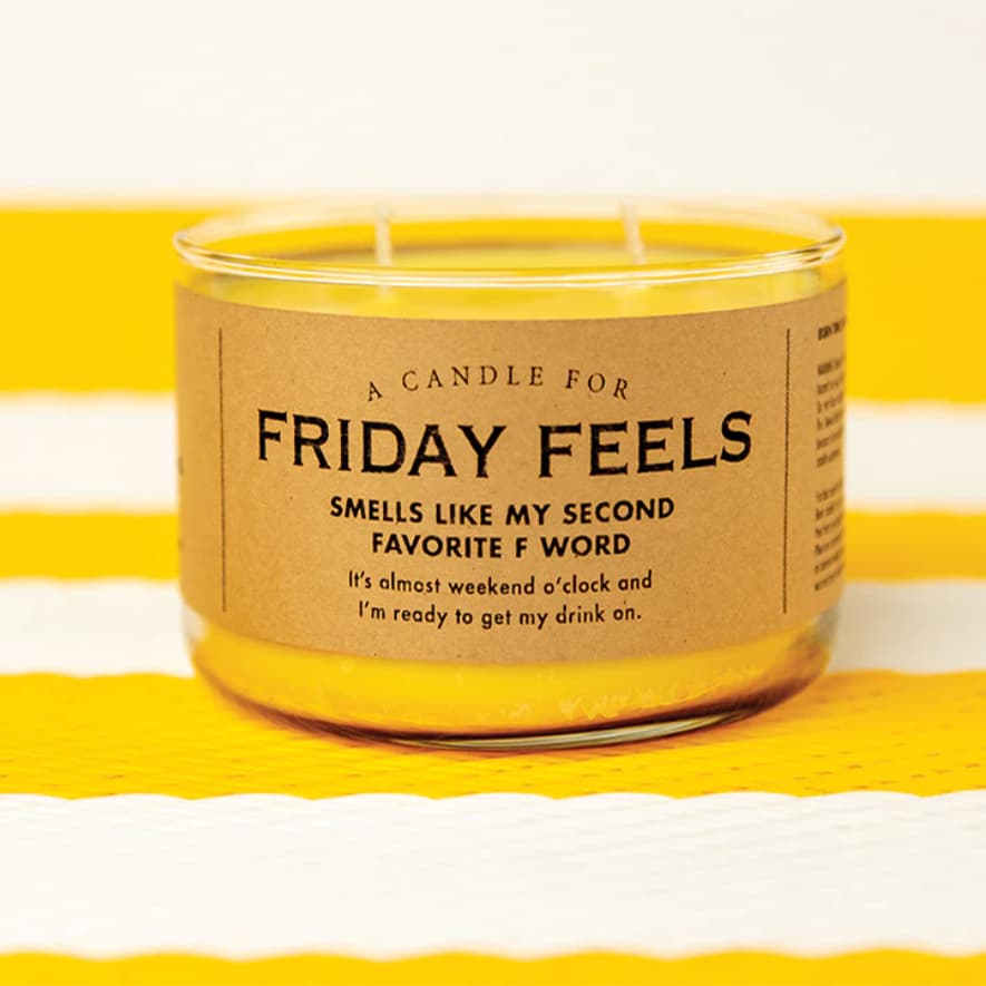 Friday Feels 2 Wick Candle on a yellow and white cloth background image