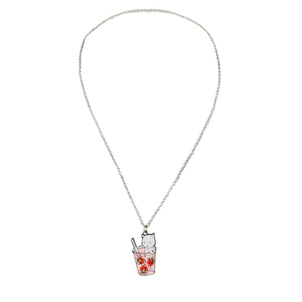 White Cat in Strawberry Cup Necklace Silver alternate