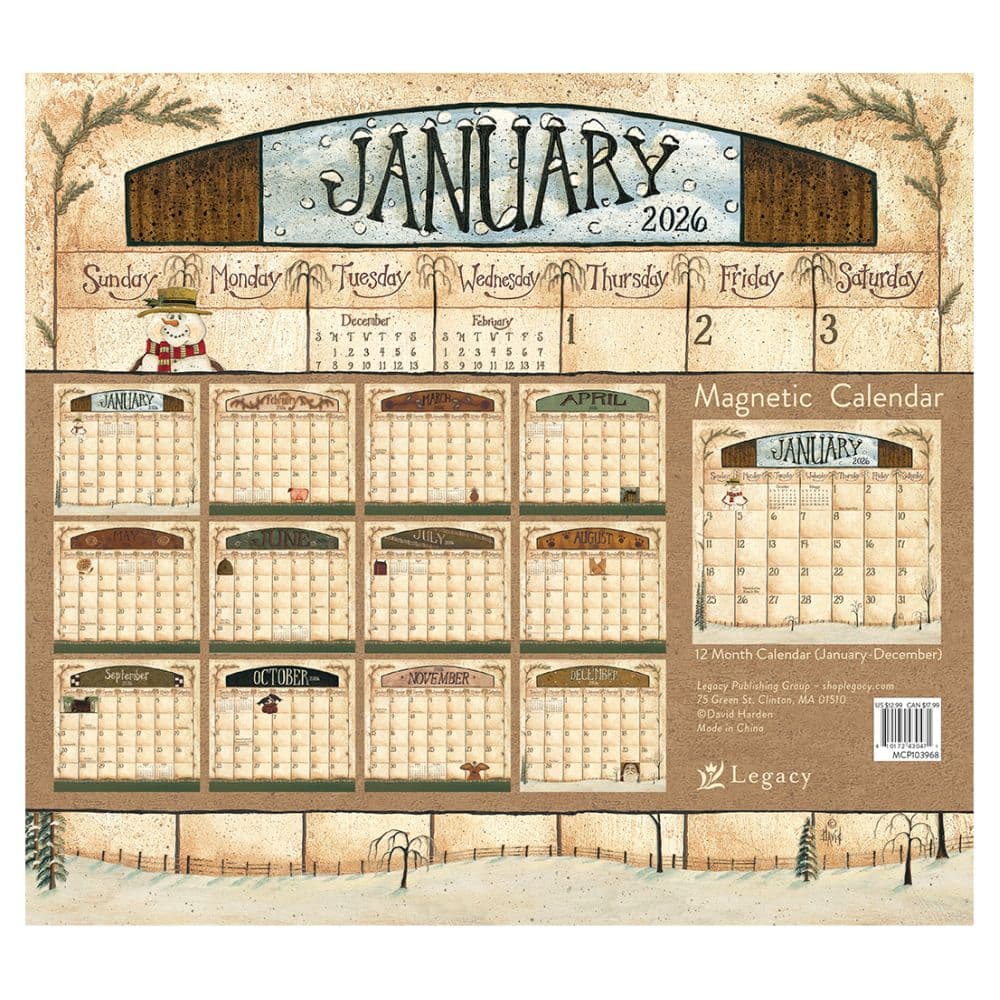 Folk Art by David Harden 2026 Magnetic Calendar, 9.38'' X 8.38'', 12-Month Calendar with Perfect Binding