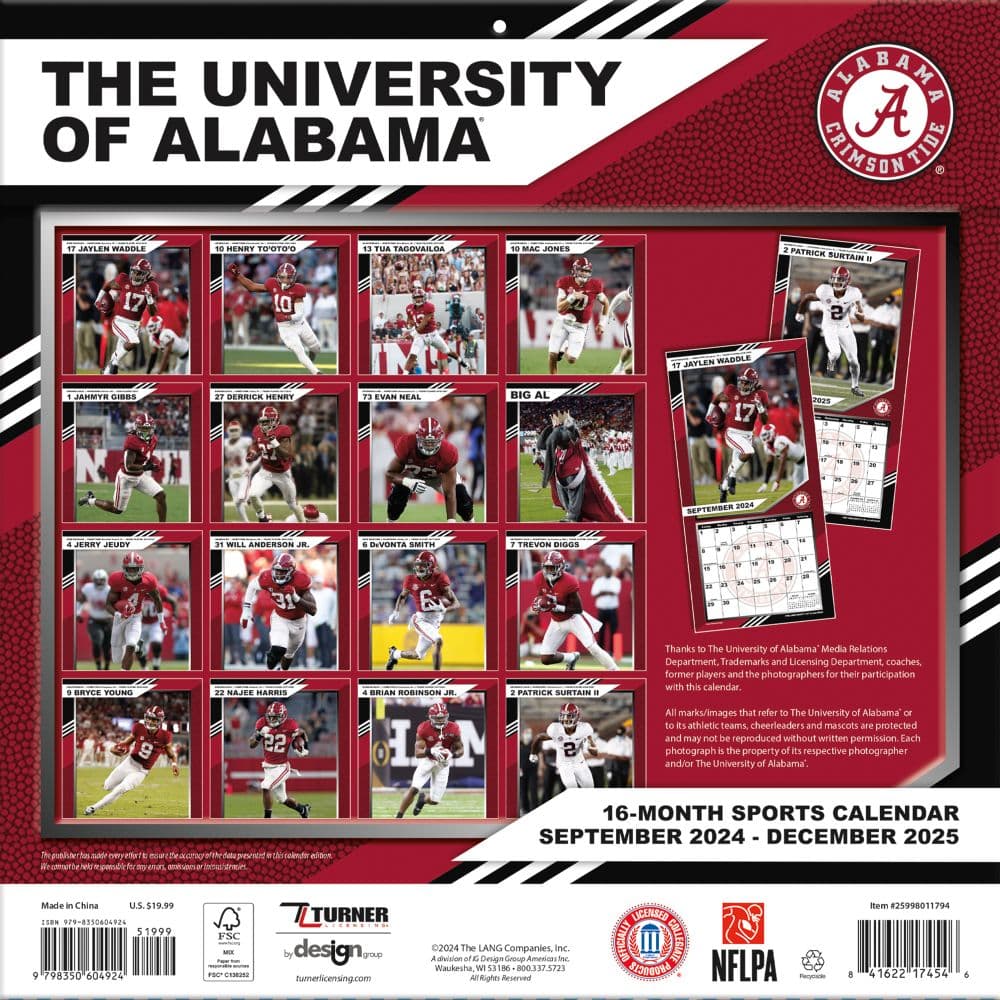 Alabama Crimson Tide 2025 Wall Calendar_ALT3