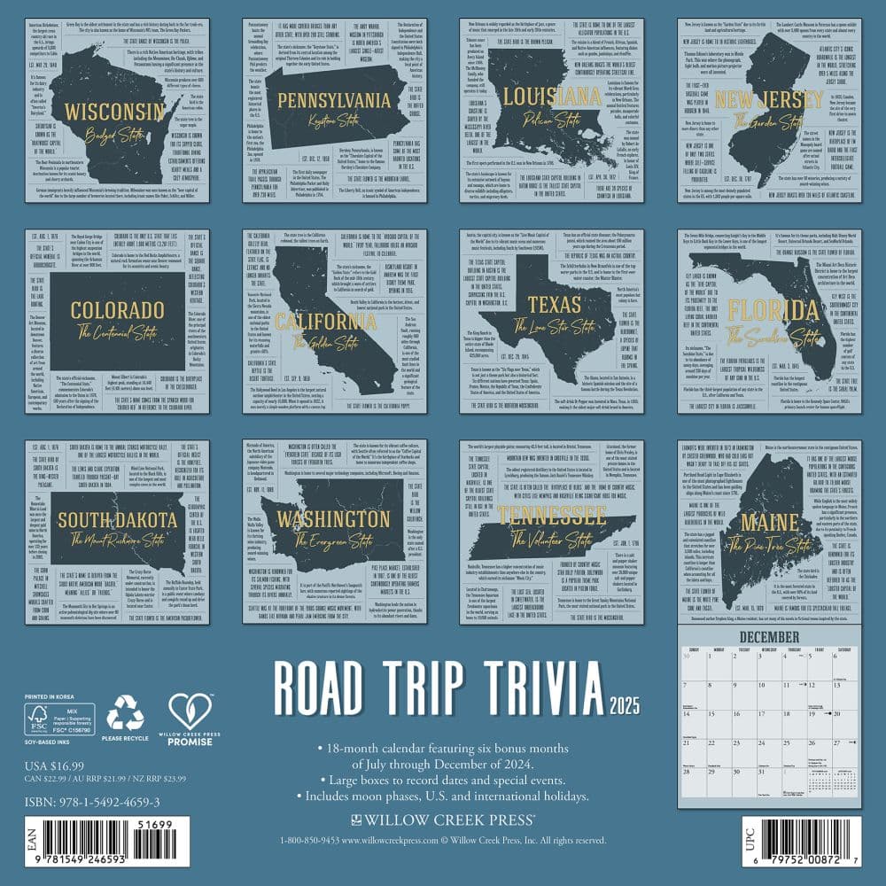 Road Trip Trivia 2025 Wall Calendar Back