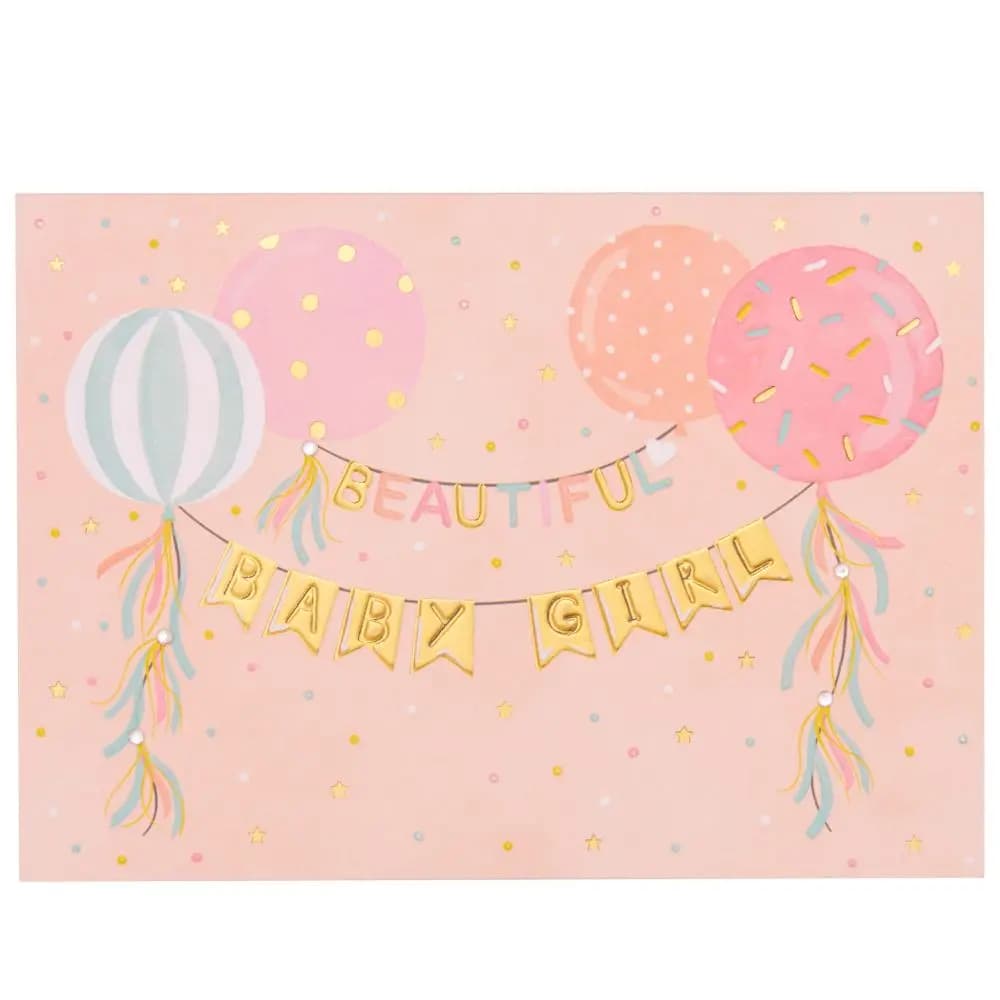 Baby Girl Banners &amp; Balloons New Baby Card front