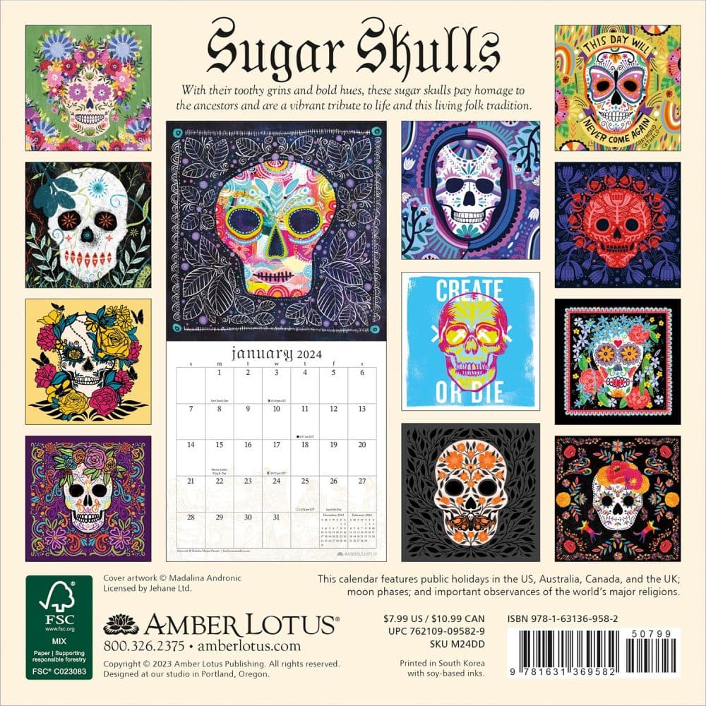 Sugar Skulls 2024 Mini Wall Calendar back