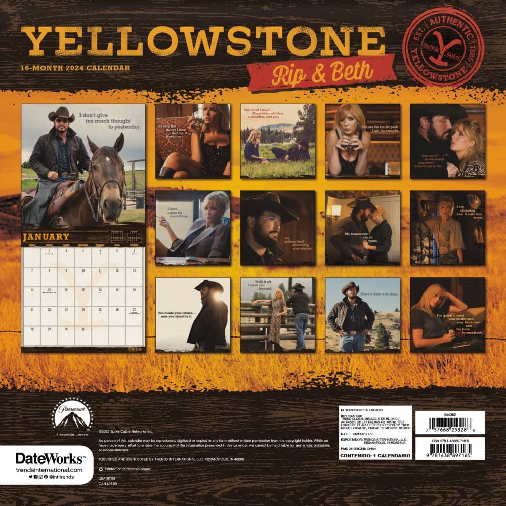 Yellowstone Rip and Beth 2024 Wall Calendar