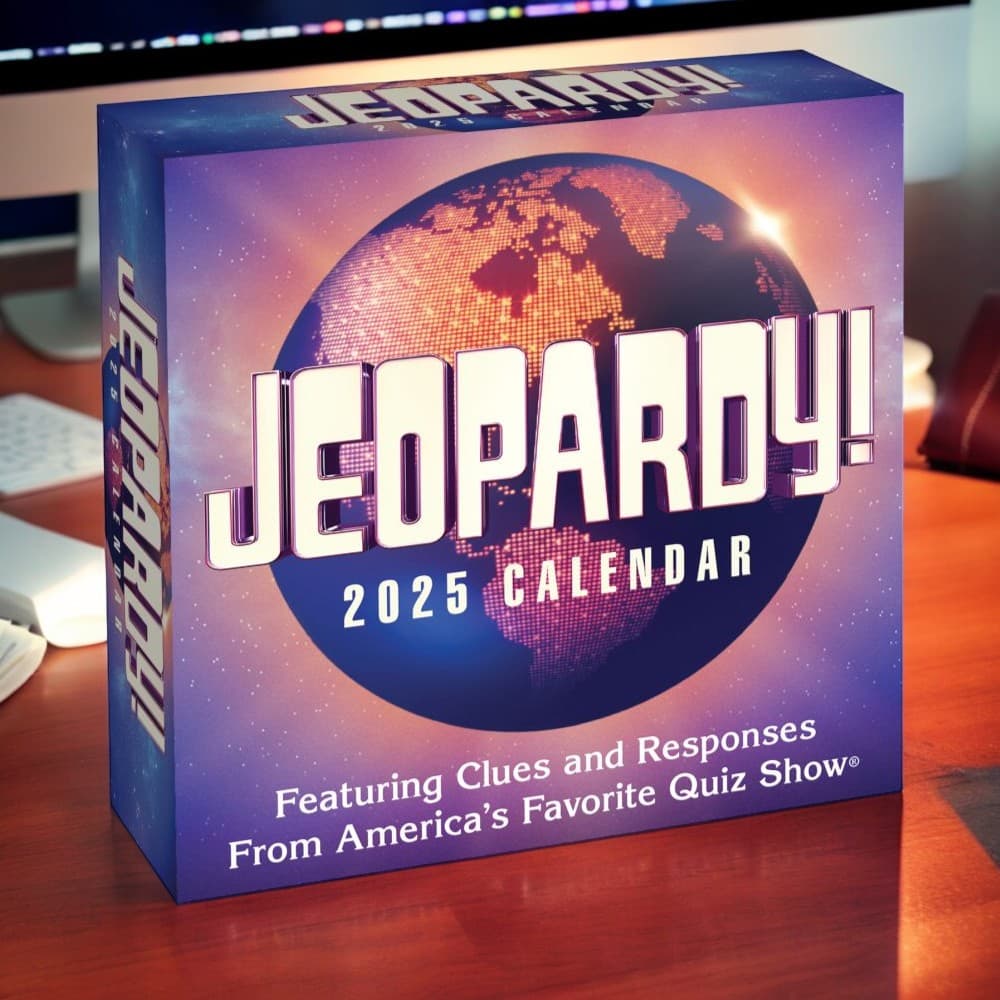 Jeopardy 2025 Desk Calendar on a desk