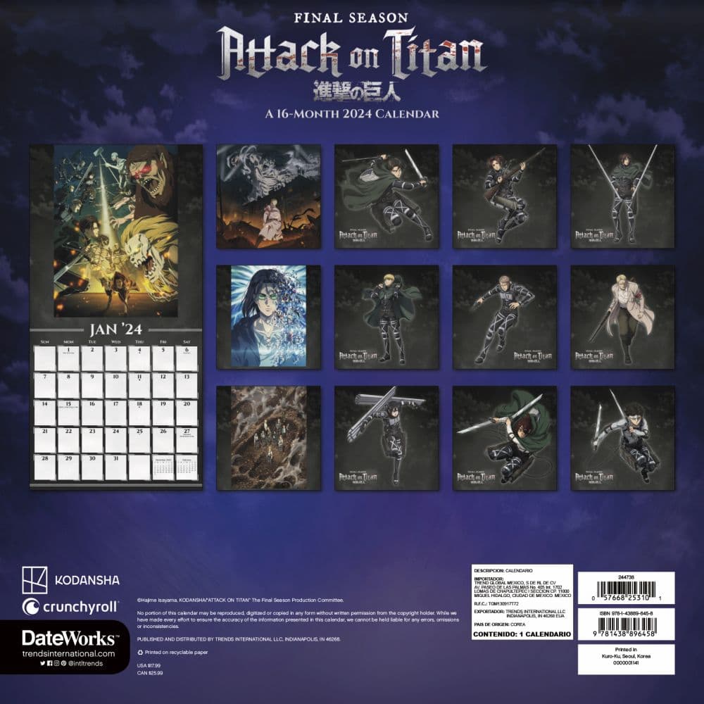 Attack on Titan 2024 Wall Calendar