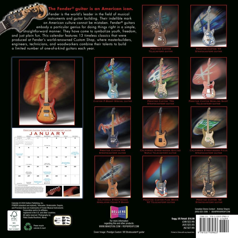 Fender Custom Shop Guitar 2025 Wall Calendar