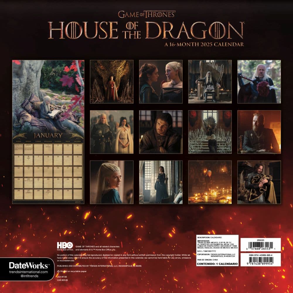 Game of Thrones House of Dragon 2025 Wall Calendar Alt1