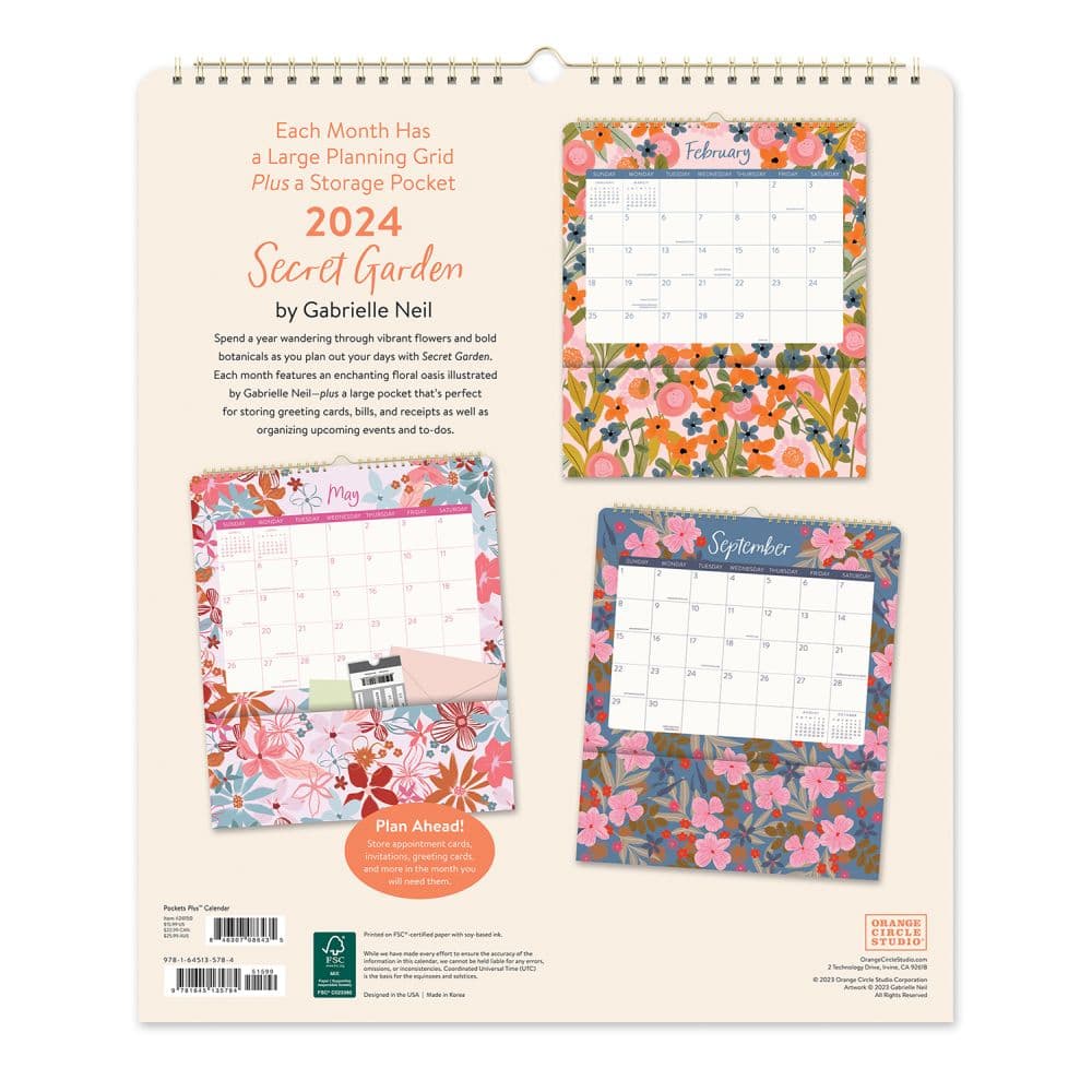 Secret Garden Pockets Plus 2024 Wall Calendar