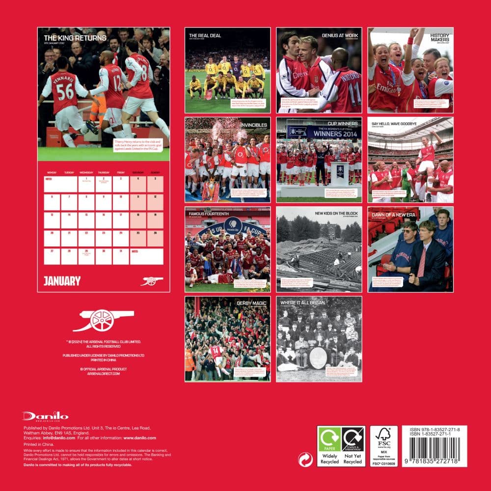 Arsenal Legends 2025 Wall Calendar back cover