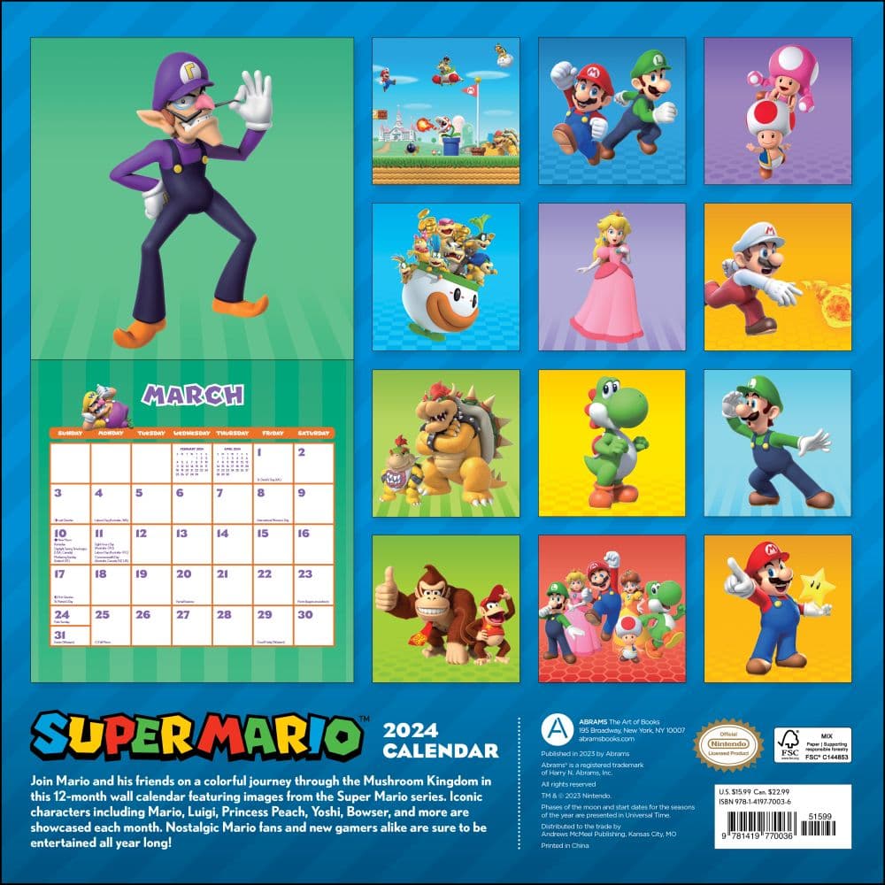 Super Mario Brothers 2024 Wall Calendar back
