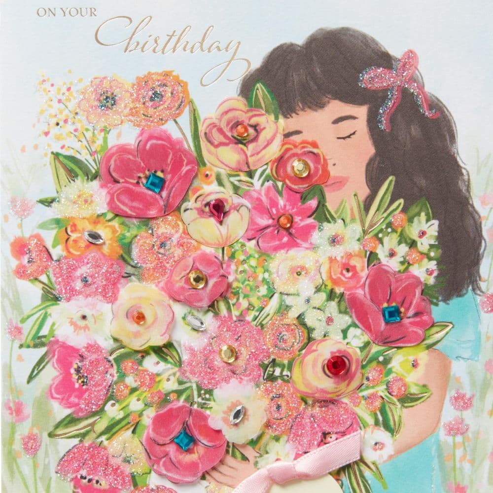 Girl with Birthday Bouquet Birthday Card Third Alternate Image width=&quot;1000&quot; height=&quot;1000&quot;