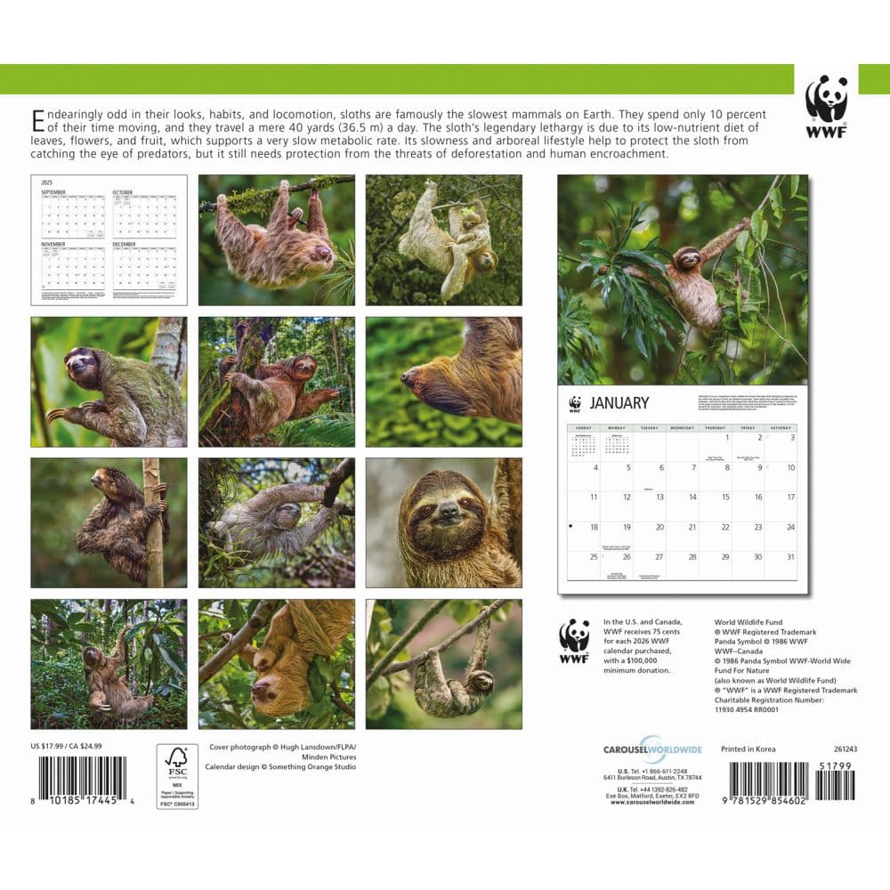 Sloths WWF 2026 Wall Calendar First Alternate Image