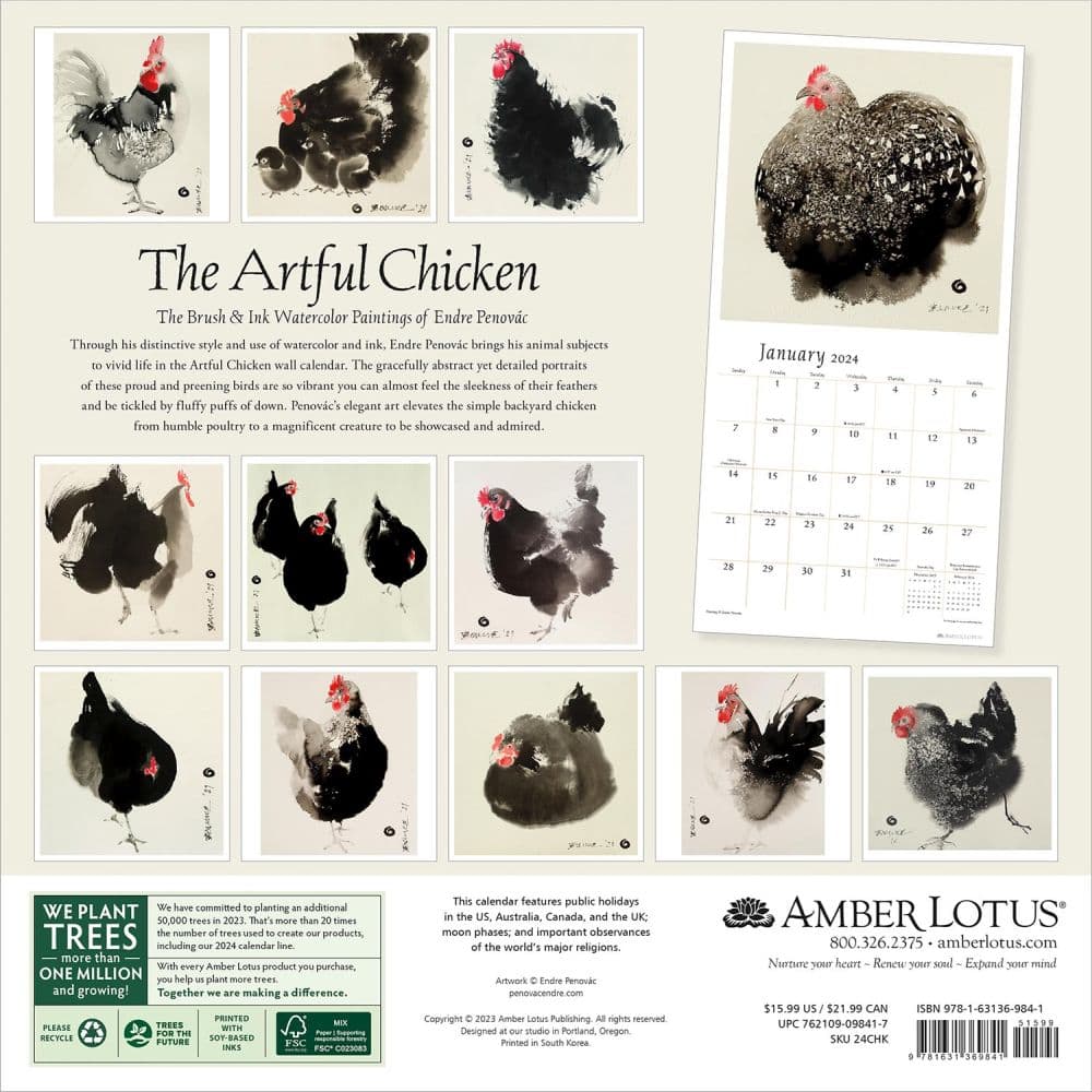Artful Chicken 2024 Wall Calendar back cover
