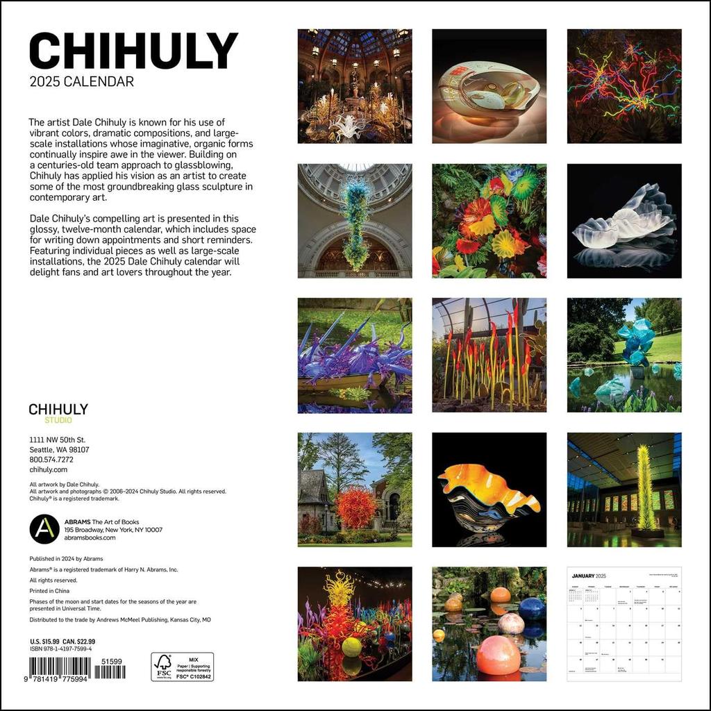 Chihuly 2025 Wall Calendar Back Cover of Calendar