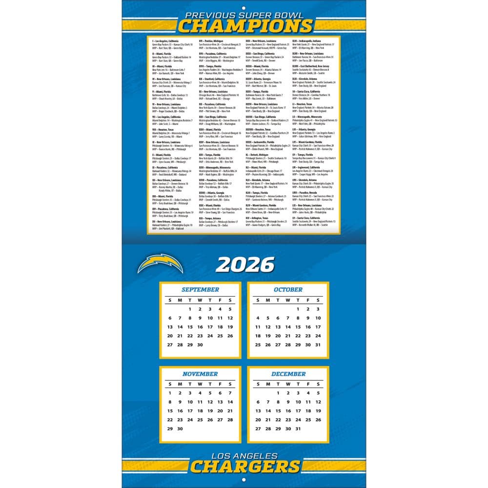 NFL Los Angeles Chargers 2027 Wall Calendar Second Alternate Image