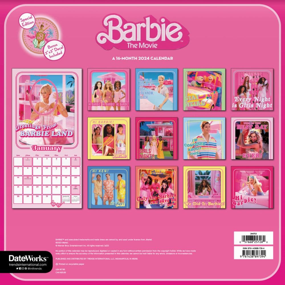Barbie The Movie 2024 Wall Calendar (12”x12”) glwec.in