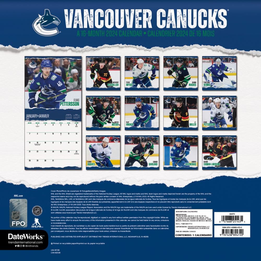 NHL Vancouver Canucks 2024 Wall Calendar Alt1