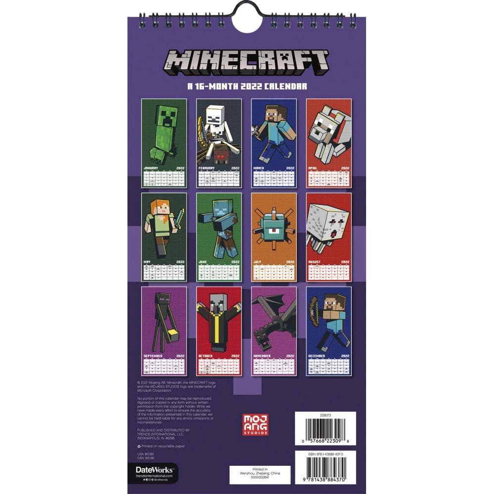 Month To View Entertainment Minecraft Official Mini Calendar 2022 