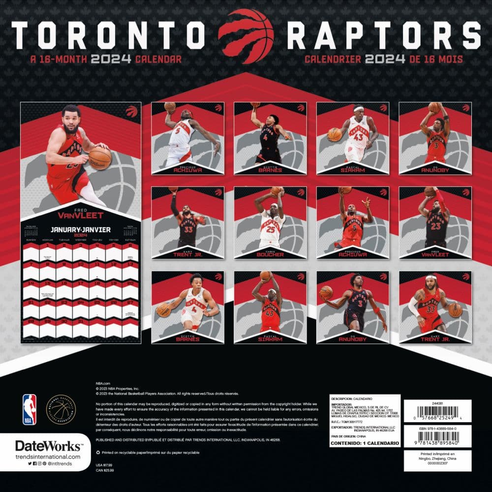 NBA Toronto Raptors 2024 Wall Calendar Alt1