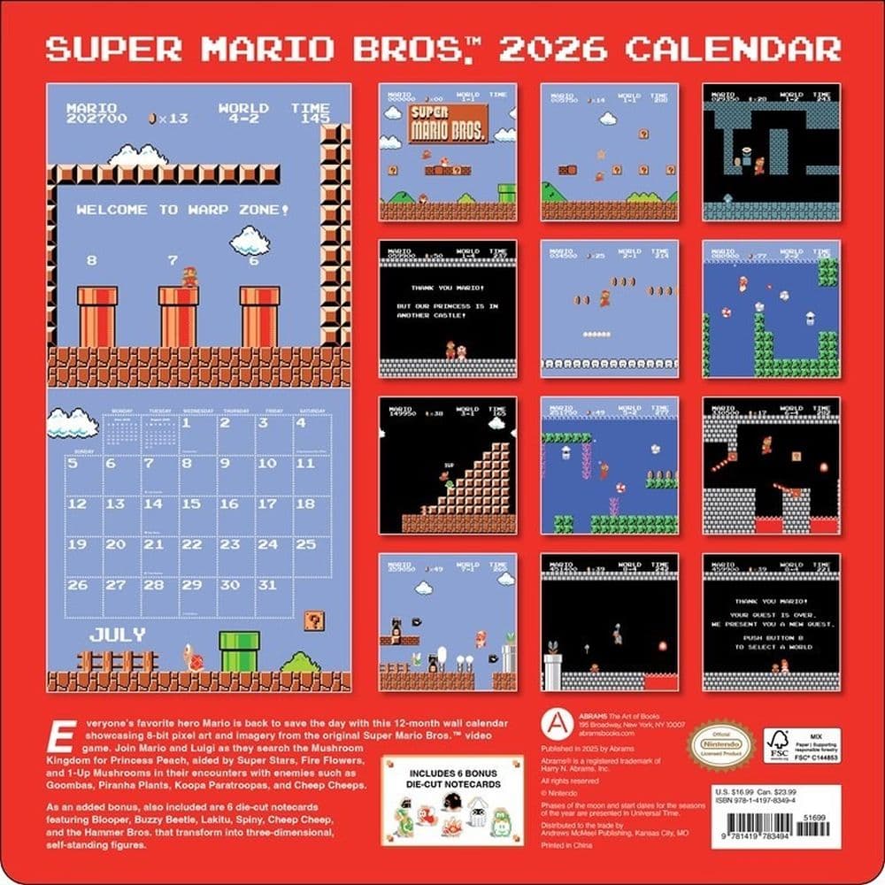 Super Mario Bros 8 Bit Pixel Art Retro 2026 Wall Calendar First Alternate Image