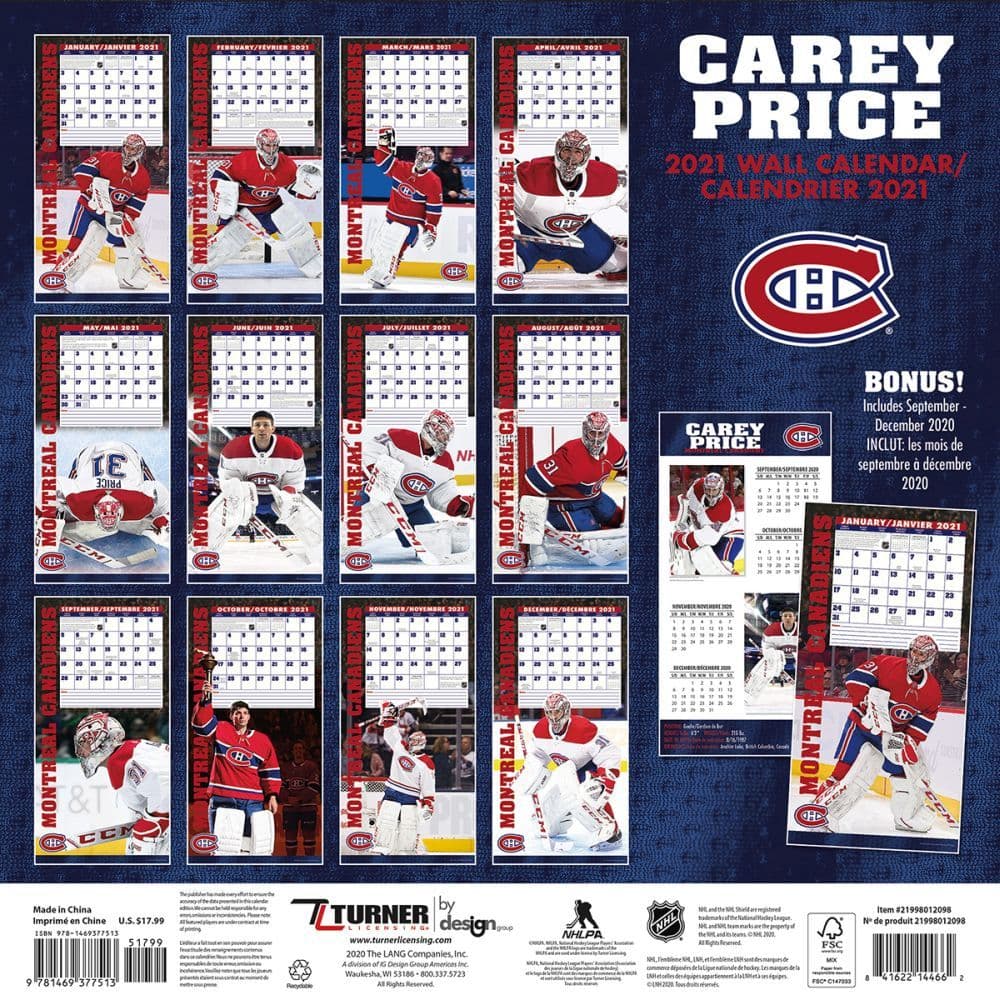 Montreal Canadiens Carey Price Bilingual Player Wall Calendar