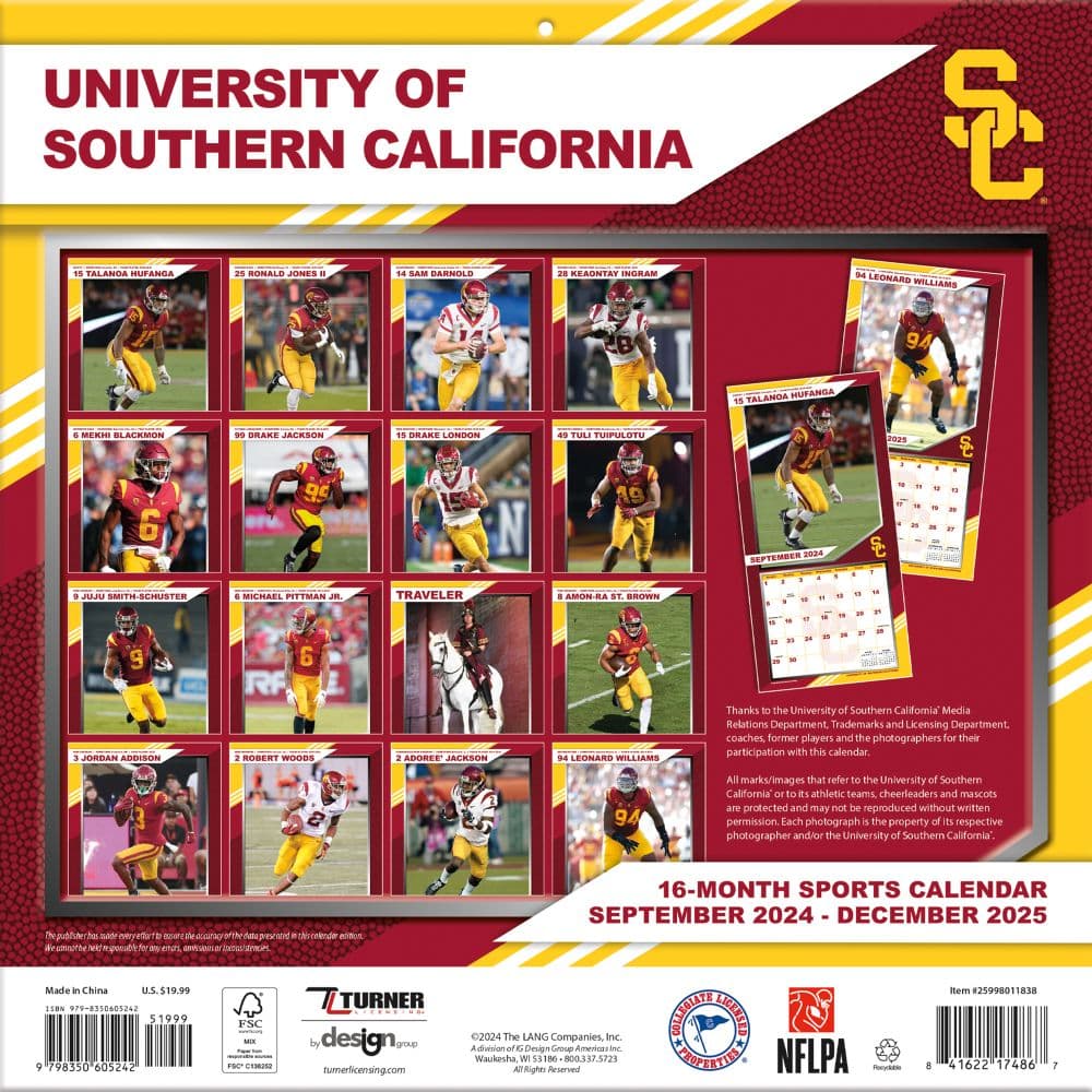 COL USC Trojans 2025 Wall Calendar Fifth Alternate Image