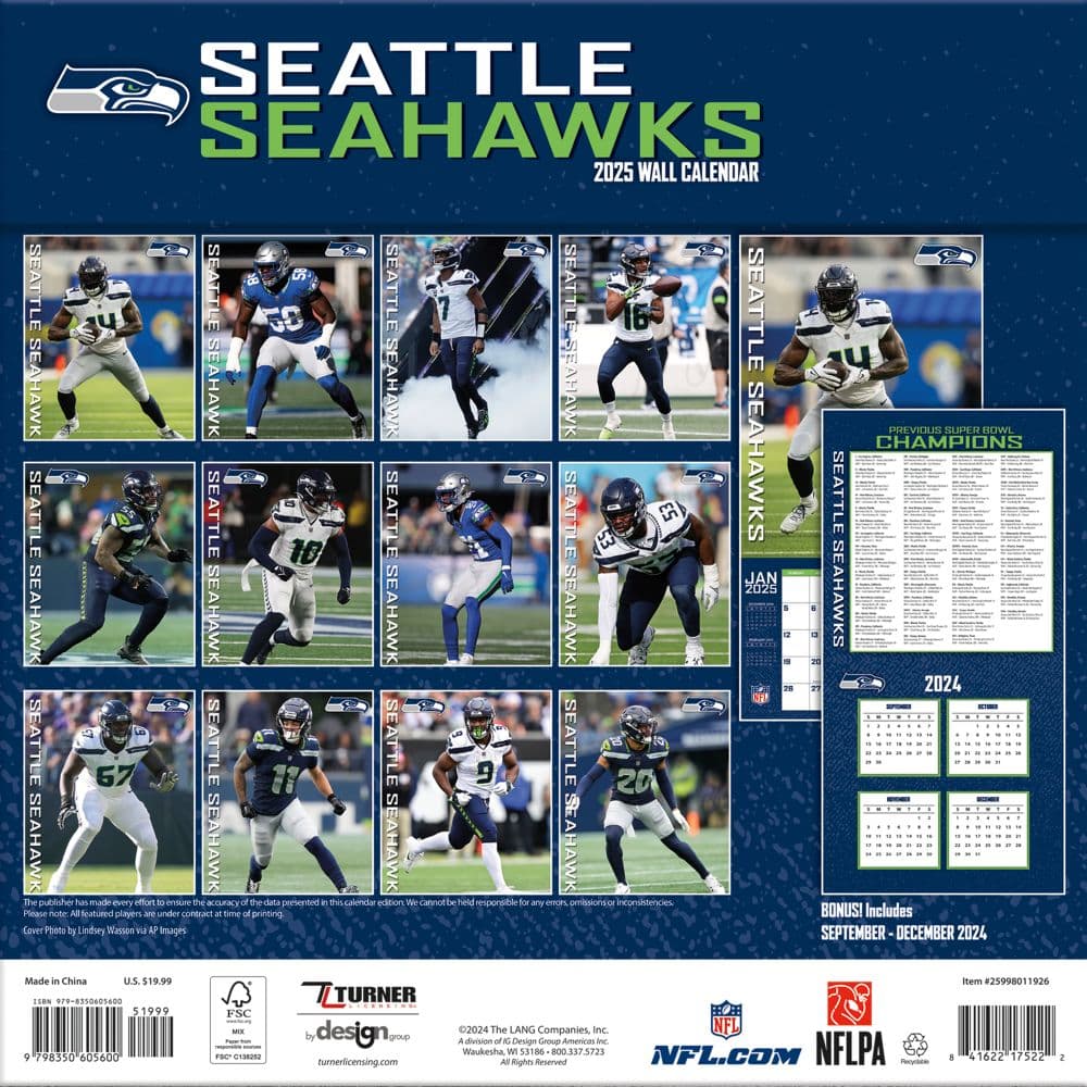 NFL Seattle Seahawks 2025 Wall Calendar back