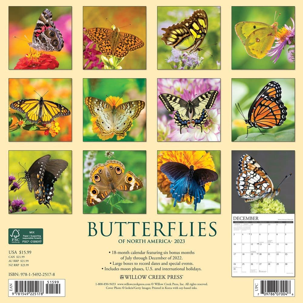 2022 2023 Calendar, Butterflies Wall Calendar, Retro Calendar, 2022