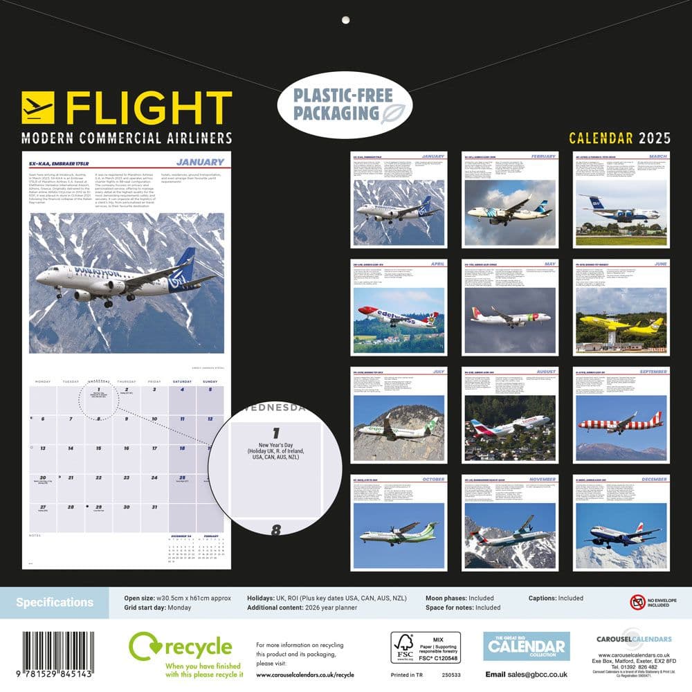 Flight Modern Commercial Airliners 2025 Wall Calendar - Calendars.com