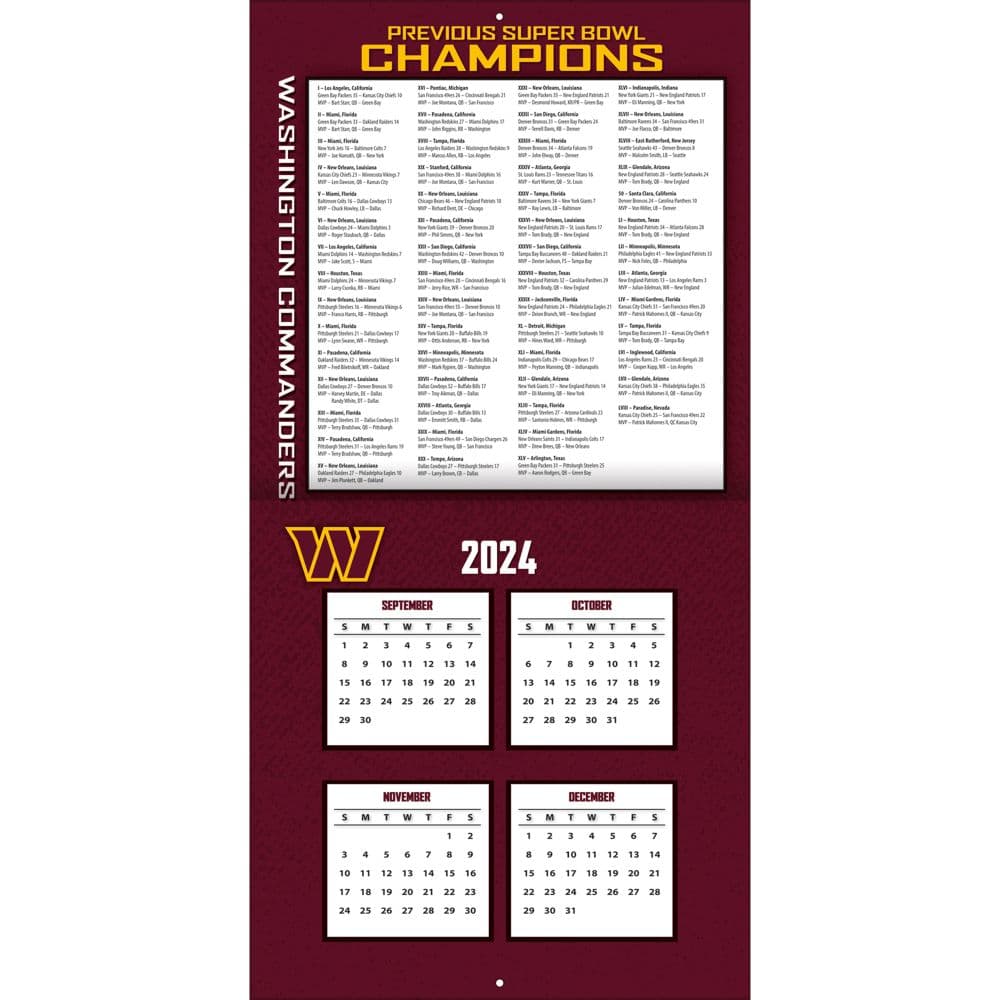 NFL Washington Football Team 2025 Wall Calendar holidays list