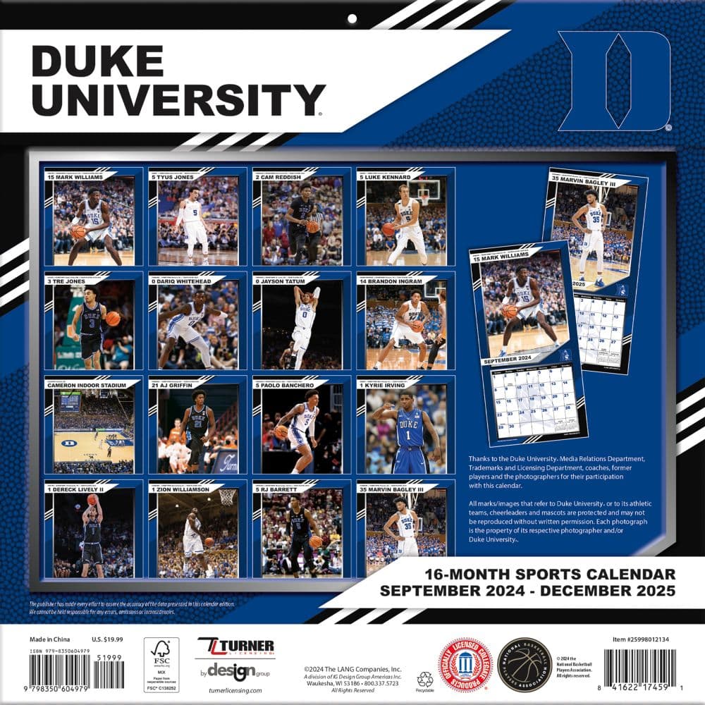 COL Duke Blue Devils 2025 Wall Calendar Fifth Alternate