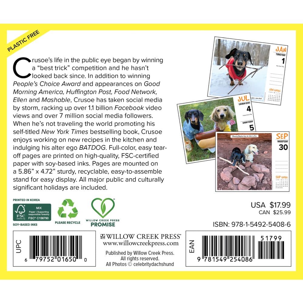 Crusoe the Celebrity Dachshund 2026 Desk Calendar First Alternate Image