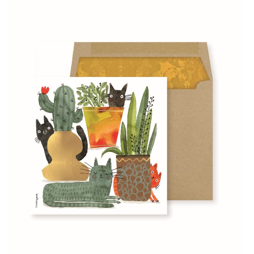 Playful Cats & Lush Cactus Blank Greeting Card