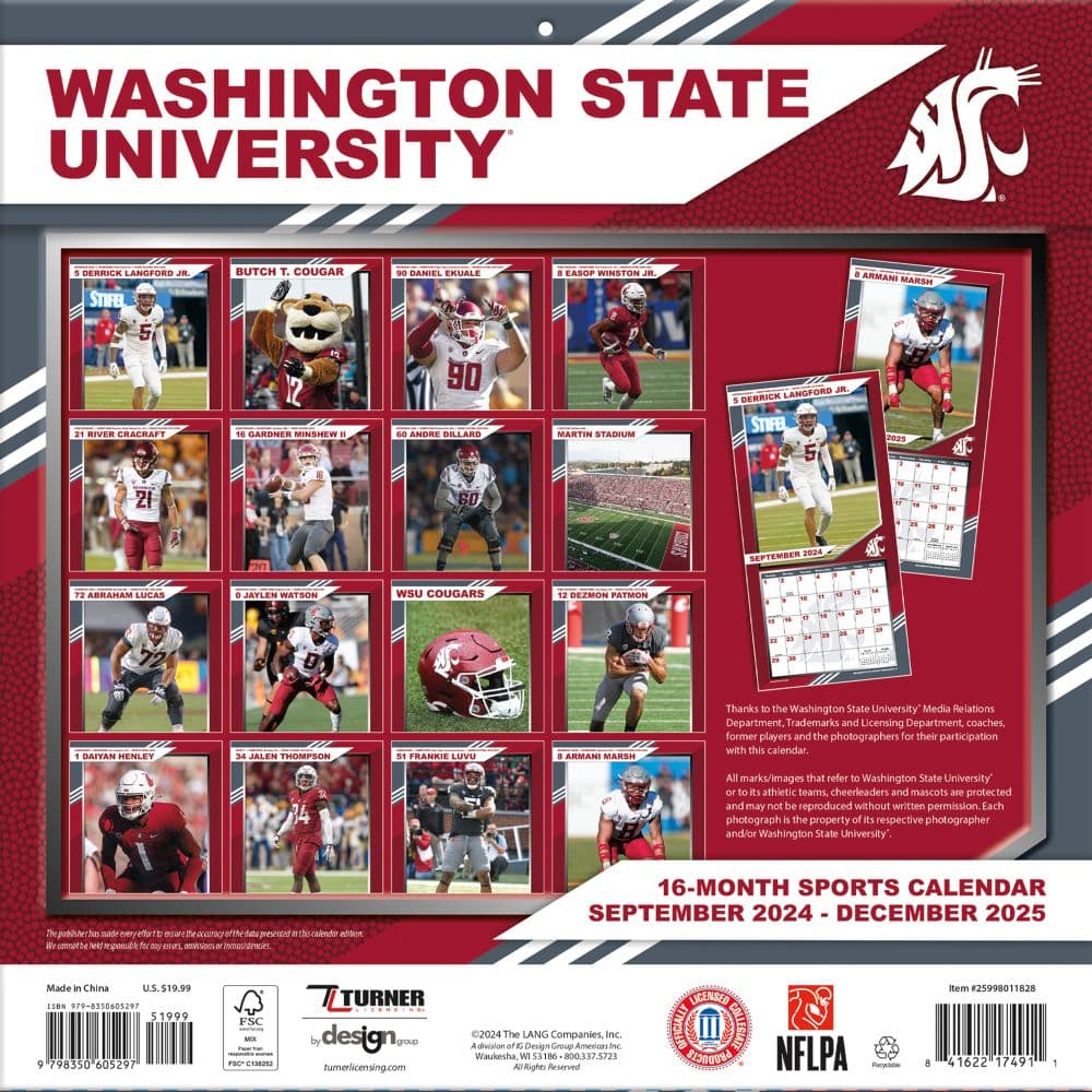 COL Washington State Cougars 2025 Wall Calendar Fifth Alternate