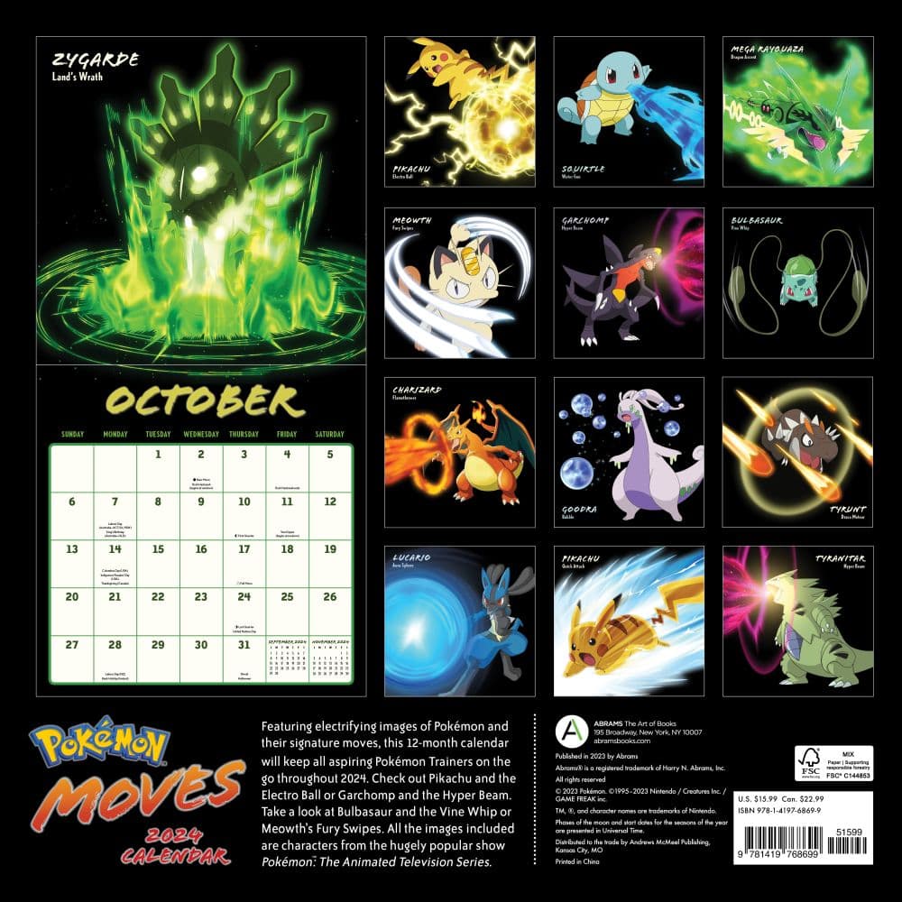 Pokemon Moves 2024 Wall Calendar Back