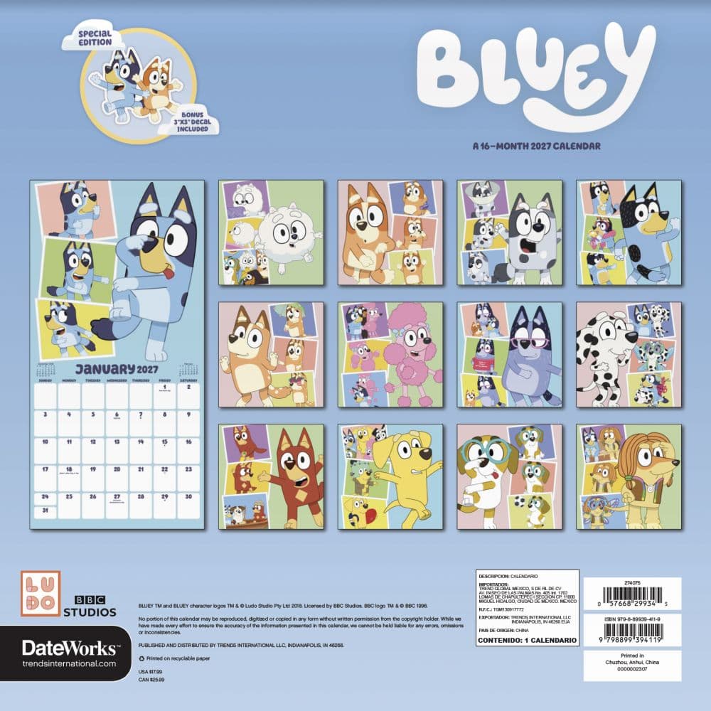 Bluey Exclusive With Print 2027 Wall Calendar First Alternate Image