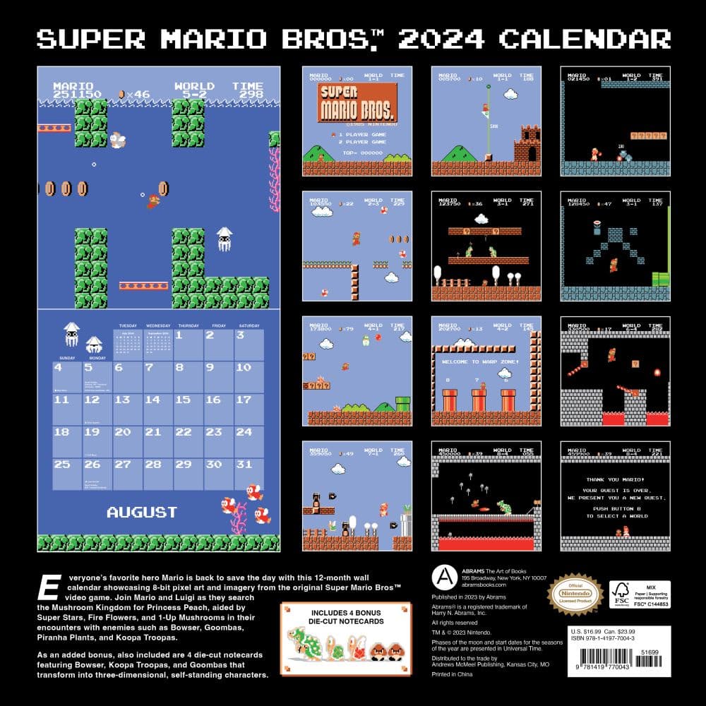 Super Mario Bros. 8-Bit Retro 2024 Wall Calendar back