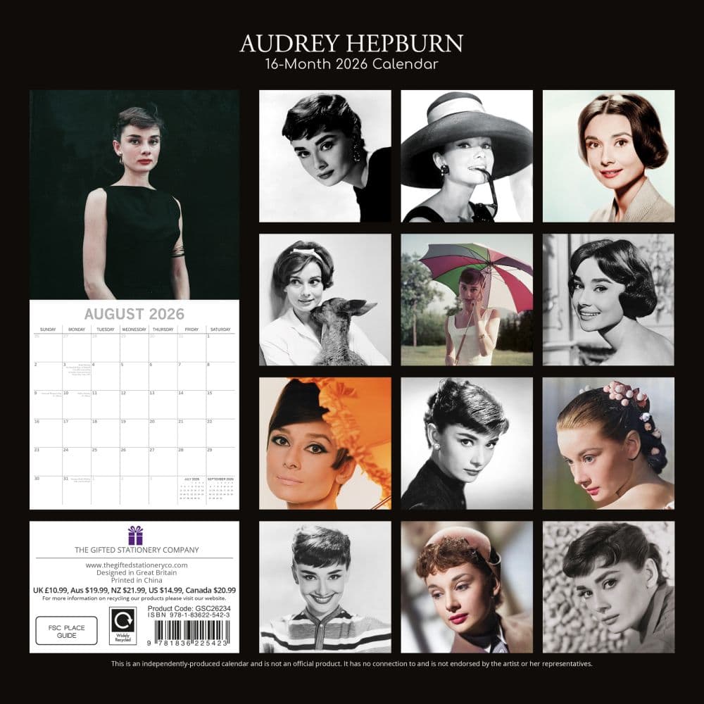Audrey Hepburn 2026 Wall Calendar, 12'' X 12'', 16-Month Calendar with Stapled Binding