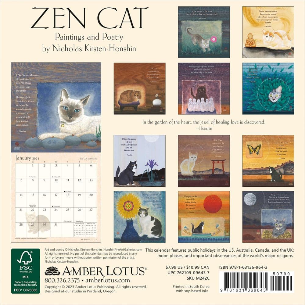 Zen Cat 2024 Mini Wall Calendar back