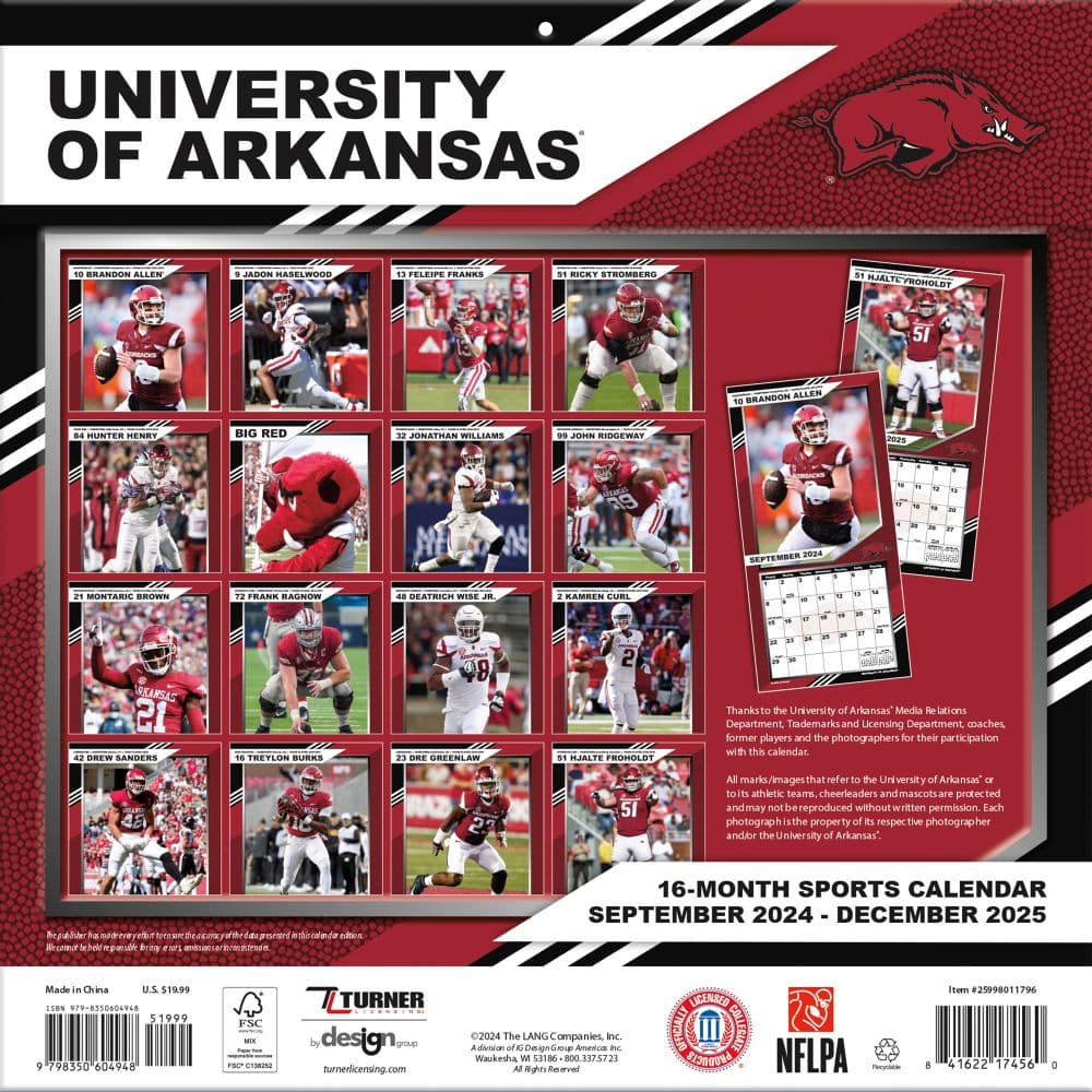 Arkansas Razorbacks 2025 Wall Calendar_ALT3