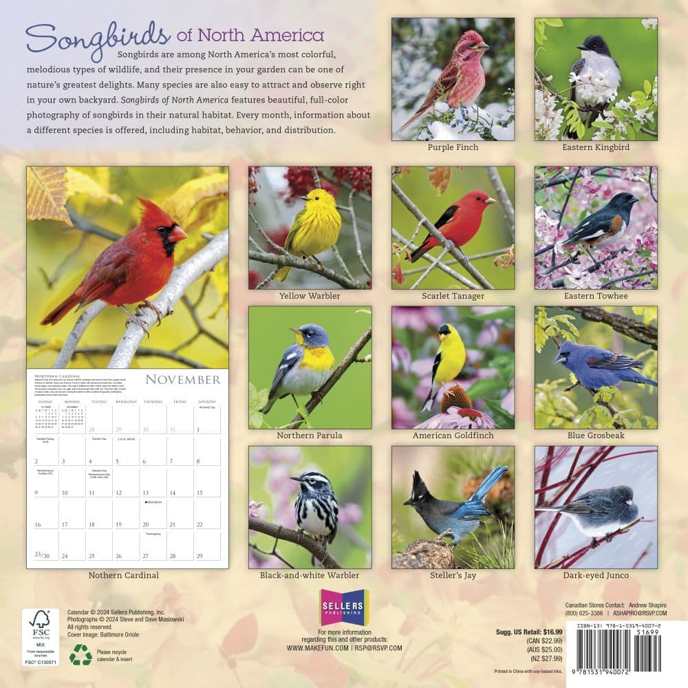 Songbirds 2025 Wall Calendar