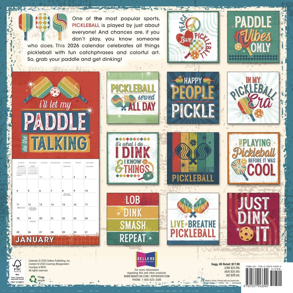 Pickleball 2026 Wall Calendar First Alternate Image