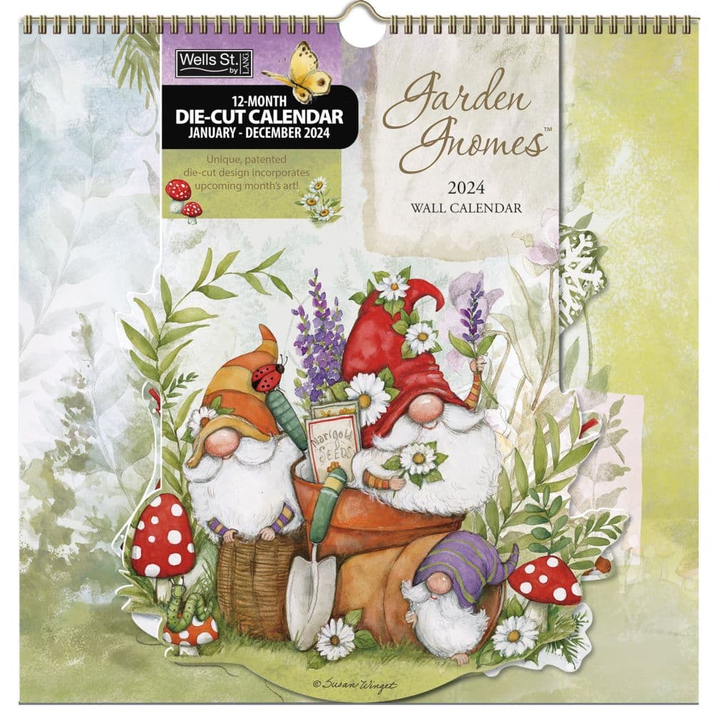 Garden Gnomes Die Cut Spiral 2024 Wall Calendar Main Product  Image width=&quot;1000&quot; height=&quot;1000&quot;